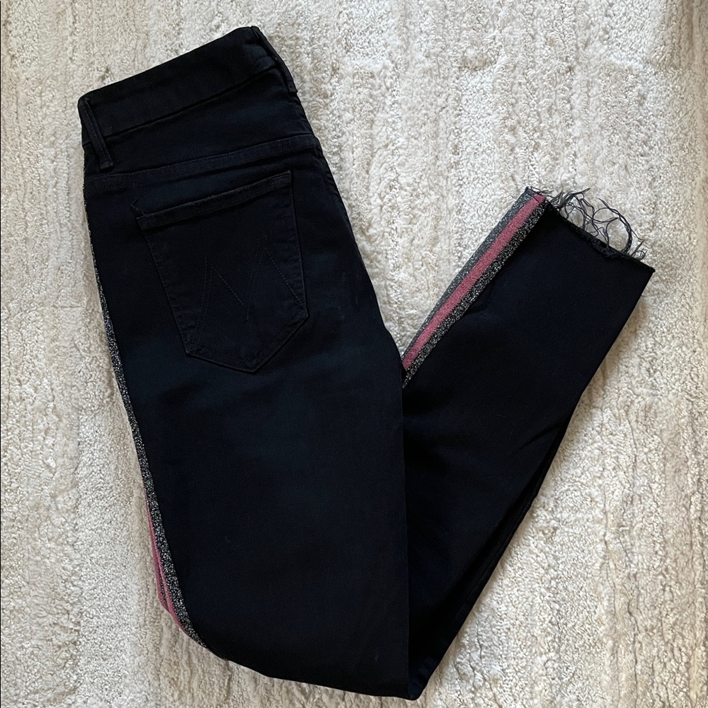 Mother size 29 Black Jeans with Pink Blue sparkle Accents high wasted ankle fray